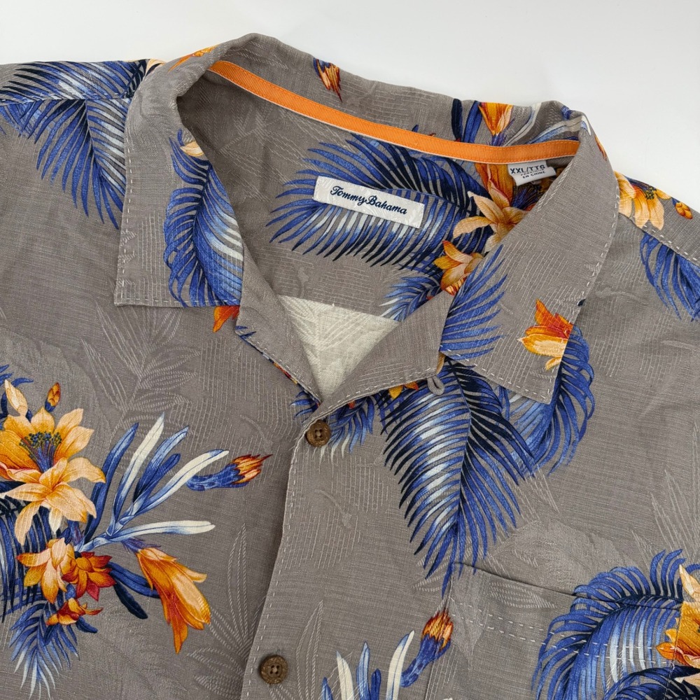 Tommy Bahama Shirt Mens XXL Gray Blue Orange Tropical Floral 100% Silk Camp